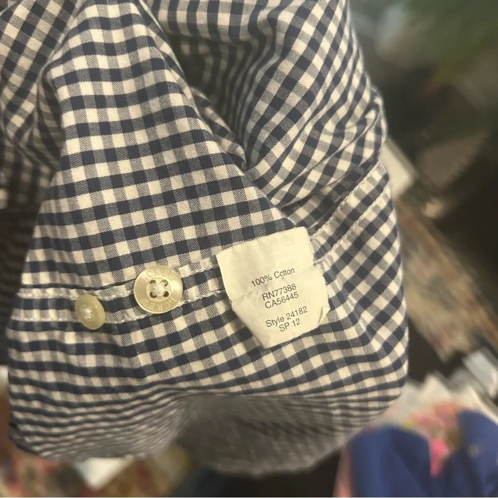 J Crew woven checkered navy white button down long sleeve shirt